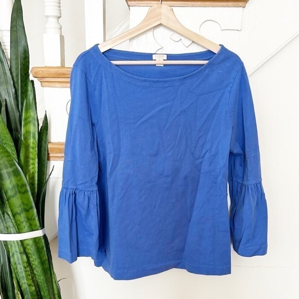 J. Crew Blue Cotton Boat Neck Long Bell Sleeve Lightweight Blouse Size Medium
